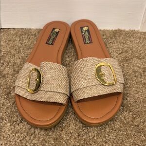 Tan and Gold Sandals with Textured Strap